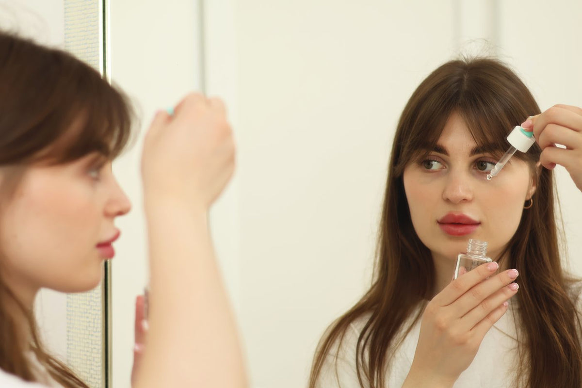 Skincare in front of a mirror