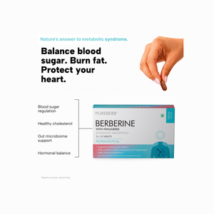 A clean promotional graphic for Pureberb Berberine supplement. Text on the left reads 'Nature's answer to metabolic syndrome.