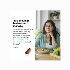 A testimonial-style marketing graphic with a quote on the left and a woman seated at a table with food on the right. A small brown capsule product appears near the bottom of the quote area.