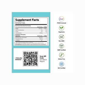 A supplement facts label card with a QR code and certification icons on a white background with a light blue border.
