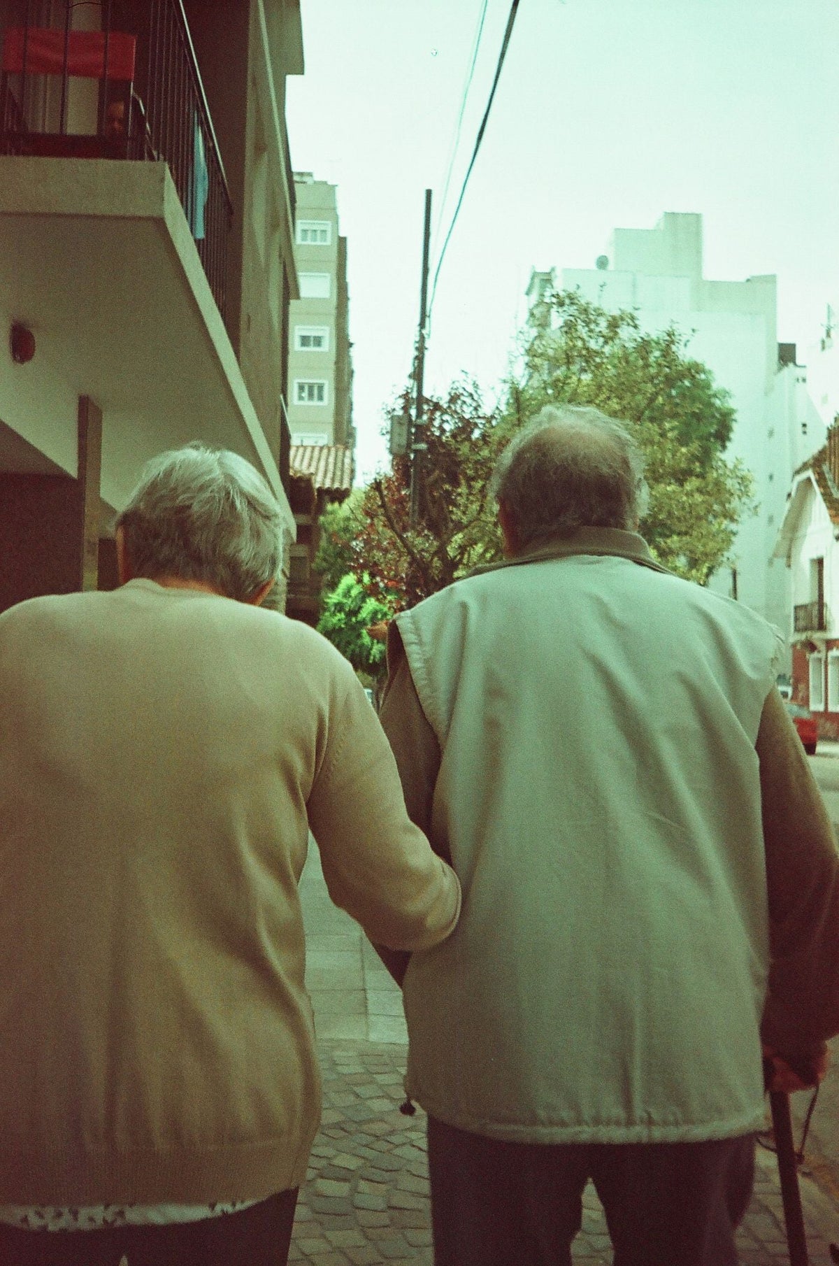 A senior couple walking together
