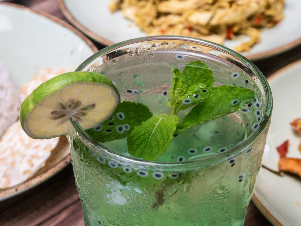 A lime and mint drink with soaked basil (sabja) seeds