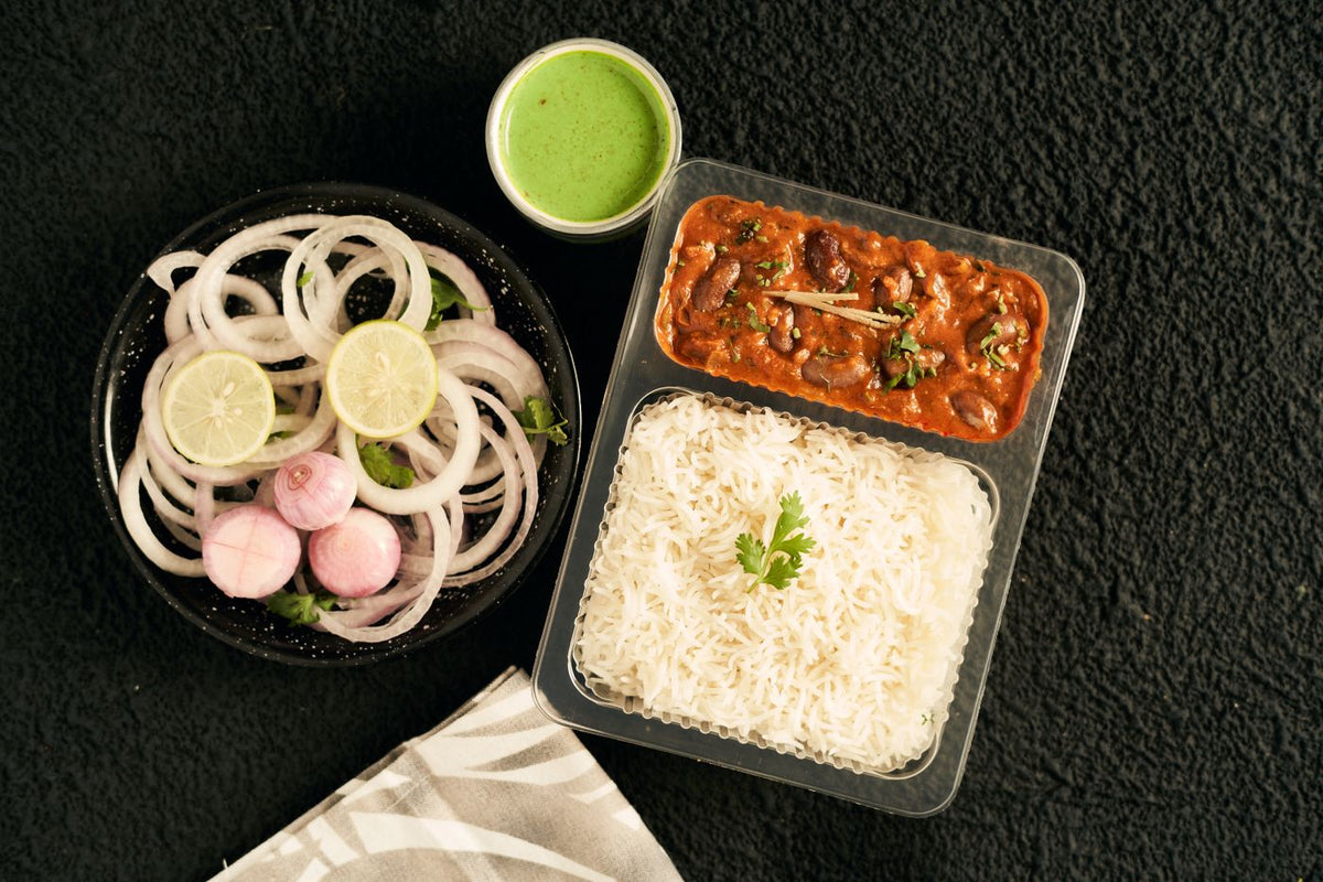 Rajma curry with basmati rice and onion salad