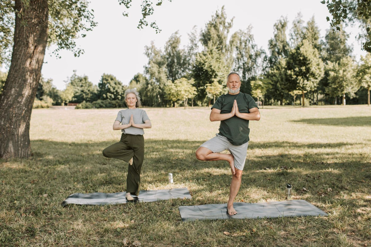 An older couple doing yoga in a park