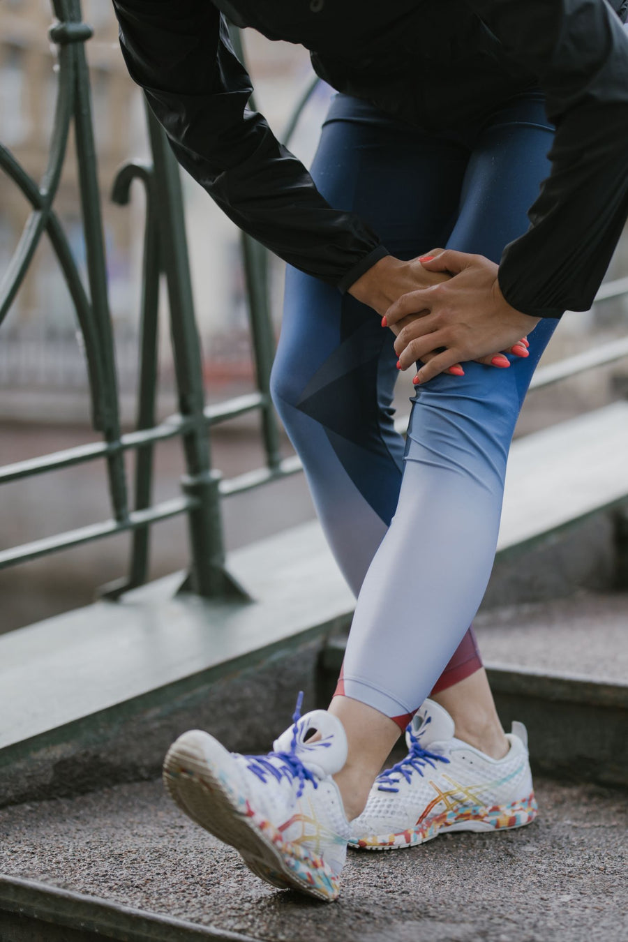 Stretching on outdoor steps before exercise