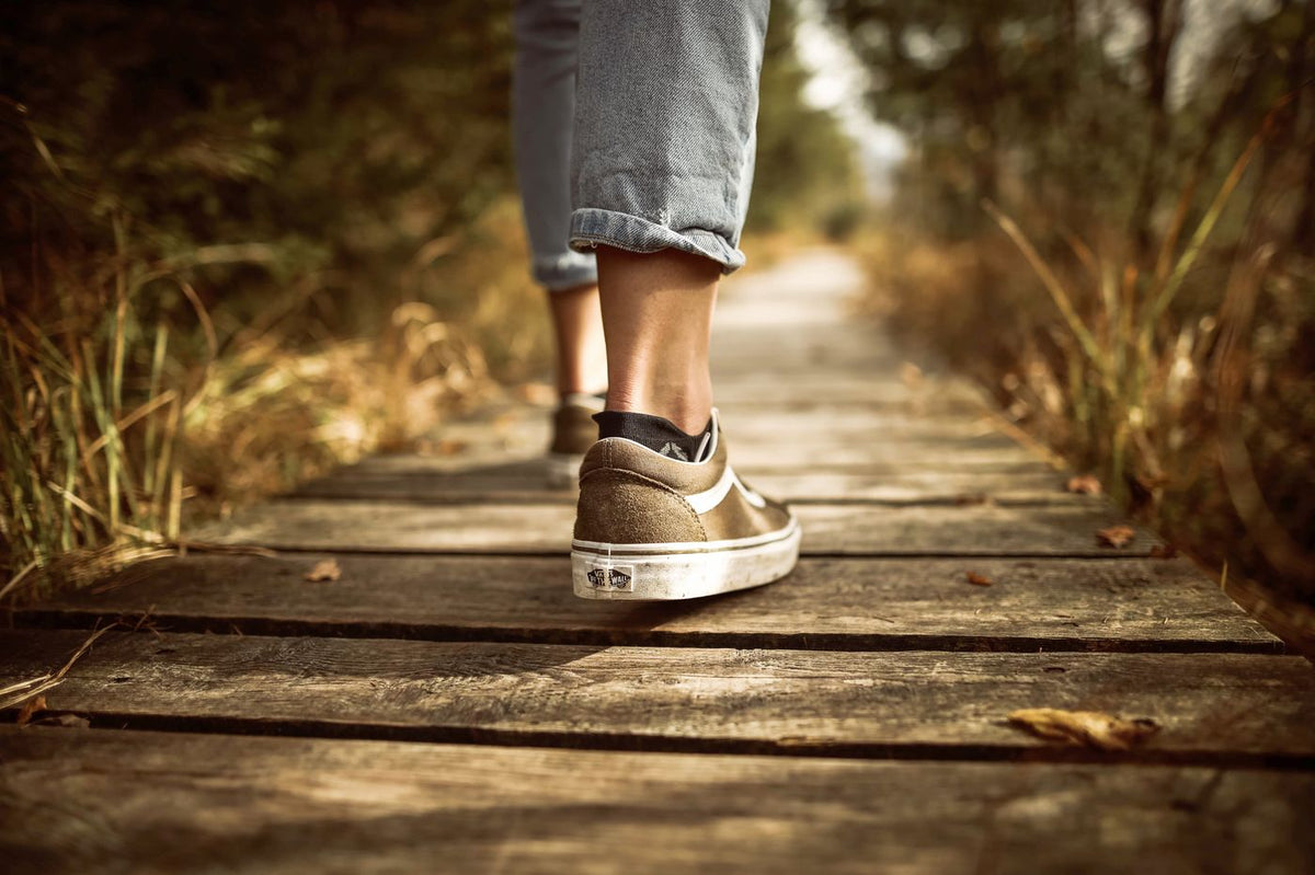Walking on a wooden path in a park