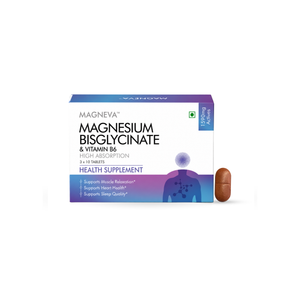 Magneva Magnesium Bisglycinate & Vitamin B6 health supplement box shown on a white background with one brown capsule beside it.