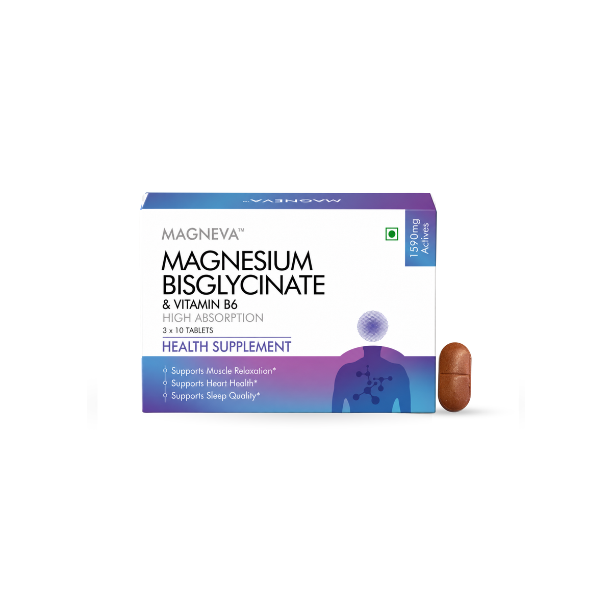 Magneva Magnesium Bisglycinate & Vitamin B6 health supplement box shown on a white background with one brown capsule beside it.