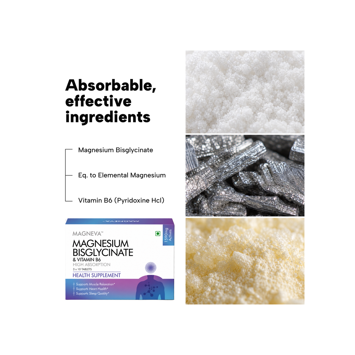 A product information graphic for a magnesium supplement. The left side contains text reading 'Absorbable, effective ingredients' and lists Magnesium Bisglycinate, Elemental Magnesium, and Vitamin B6.