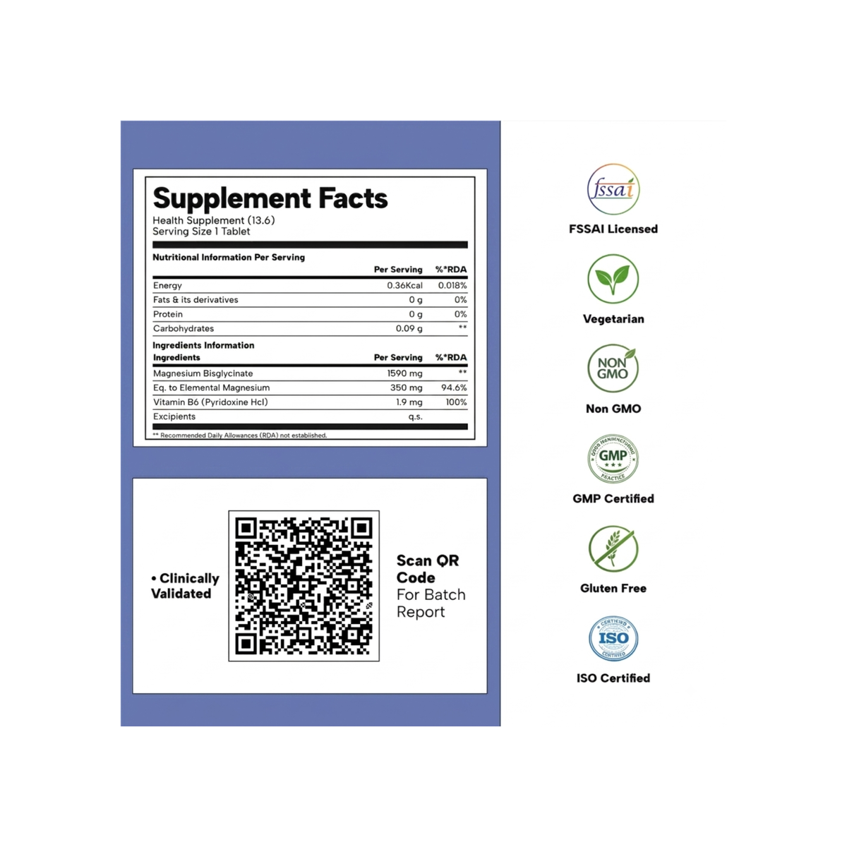 A supplement facts panel mockup with a QR code and certification icons on a white background. The panel has a blue border and includes text such as 'Supplement Facts,' 'Scan QR Code For Batch Report,' and logos for FSSAI, Vegetarian, Non GMO, GMP Certified, Gluten Free, ISO Certified, and ISO.