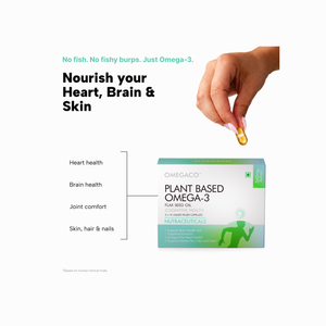 A hand holds a gold capsule above a box of OMEGACO Plant Based Omega-3 flax seed oil capsules. The image includes marketing text stating 'No fish.