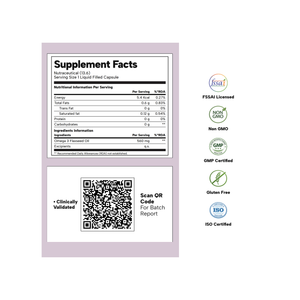 A supplement facts label and QR code on a light lavender background, with certification logos along the right side including FSSAI, Non GMO, GMP, Gluten Free, and ISO Certified.
