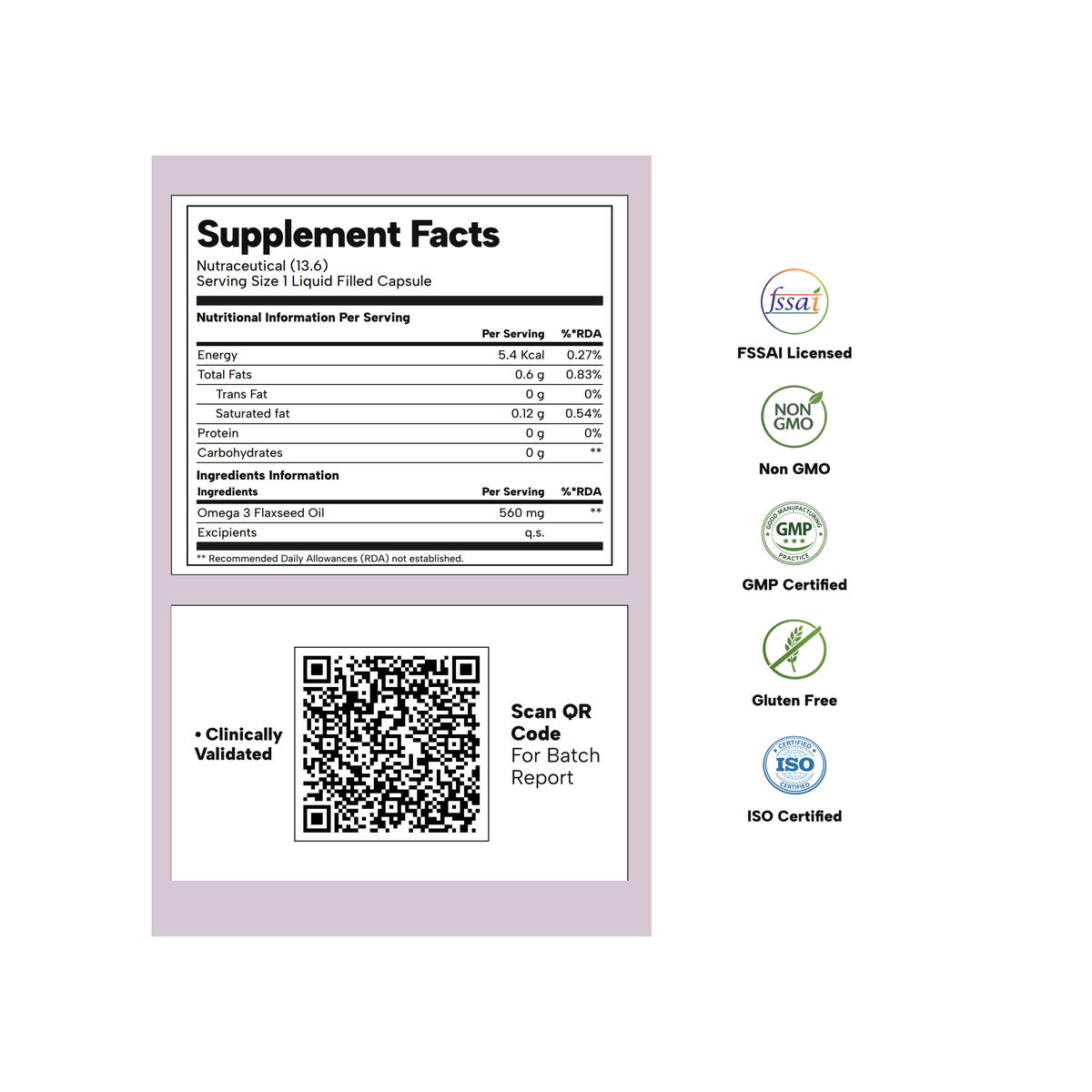 A supplement facts label and QR code on a light lavender background, with certification logos along the right side including FSSAI, Non GMO, GMP, Gluten Free, and ISO Certified.